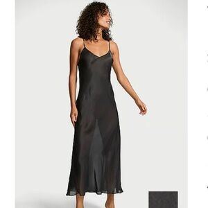 Victoria's Secret Black Open Back Satin Sheer Slip Dress